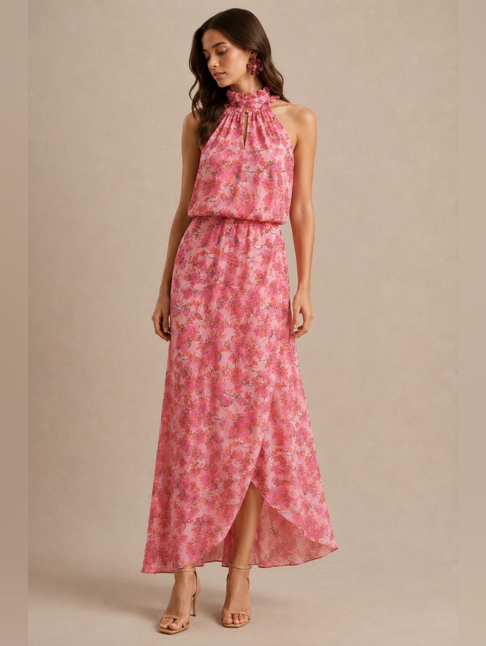 Pink Floral Halter-Neck Maxi Dress | NWT